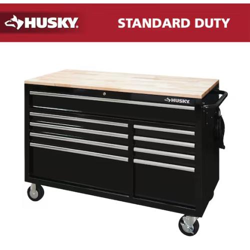 DALLAS LOCATION - Husky 52 in. W x 25 in. D Standard Duty 9-Drawer Mobile Workbench Tool Chest with Solid Wood Top in Gloss Black