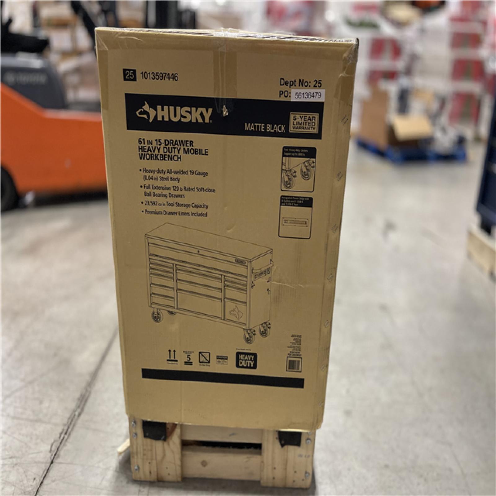 DALLAS LOCATION - Husky Heavy-Duty 61 in. W x 23 in. D 15-Drawer Matte Black Mobile Workbench Cabinet with Solid Wood Top
