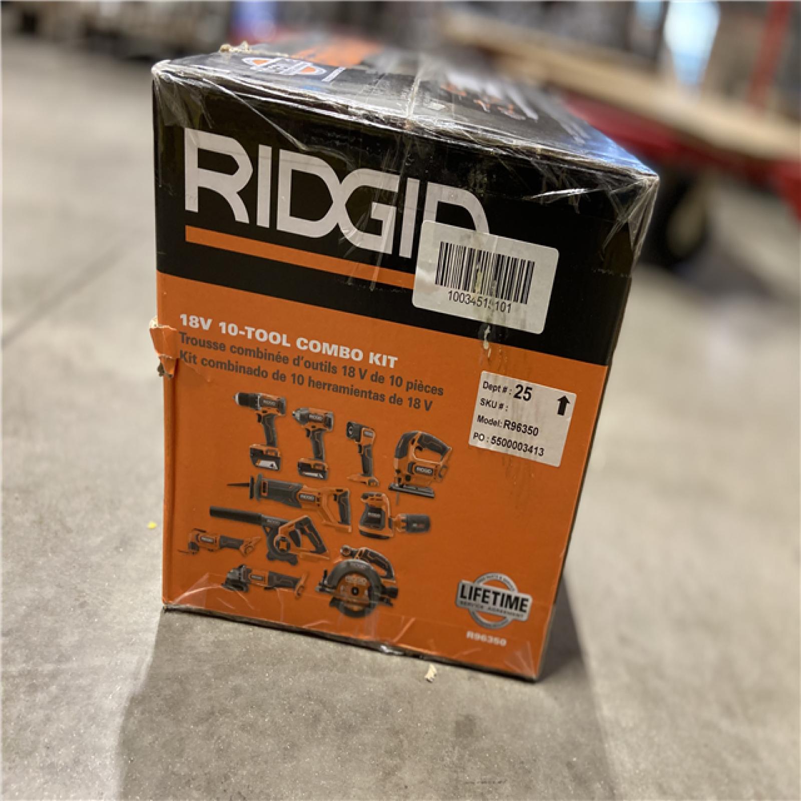 NEW! - RIDGID 18V Cordless 10-Tool Combo Kit with 2.0 Ah Battery, 4.0 Ah Battery, Charger, and Tool Bag