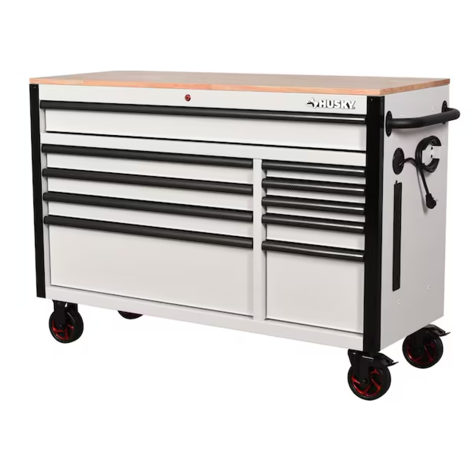 DALLAS LOCATION- AS-IS HUSKY Standard-Duty 52 in. W 10-Drawer Matte White/Carbon Fiber Trim/WoodTop Mobile Workbench Cabinet