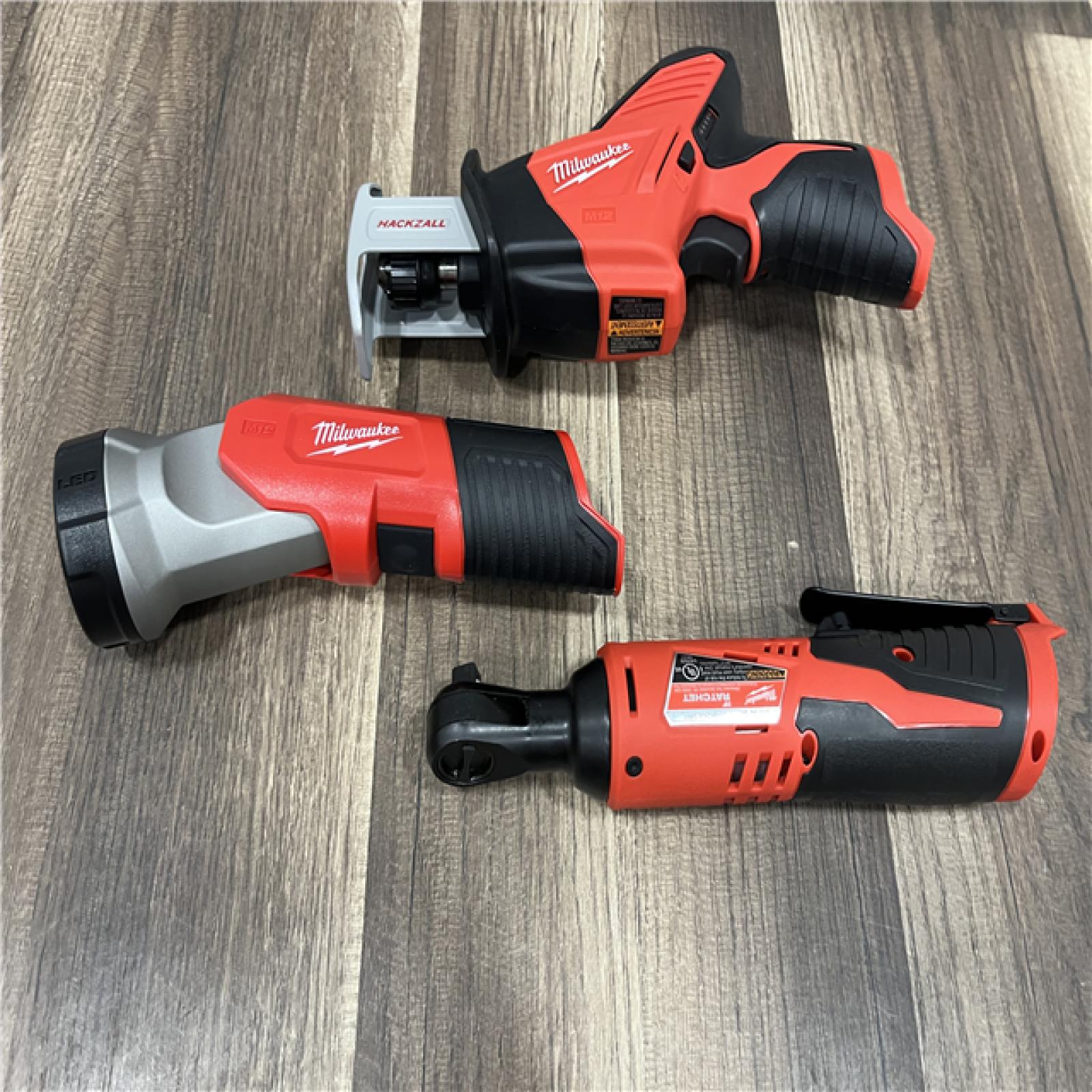 AS-IS MILWAUKEE M12 12V Lithium-Ion Cordless Combo Kit (5-Tool) with Two 1.5Ah Batteries, Charger & Tool Bag