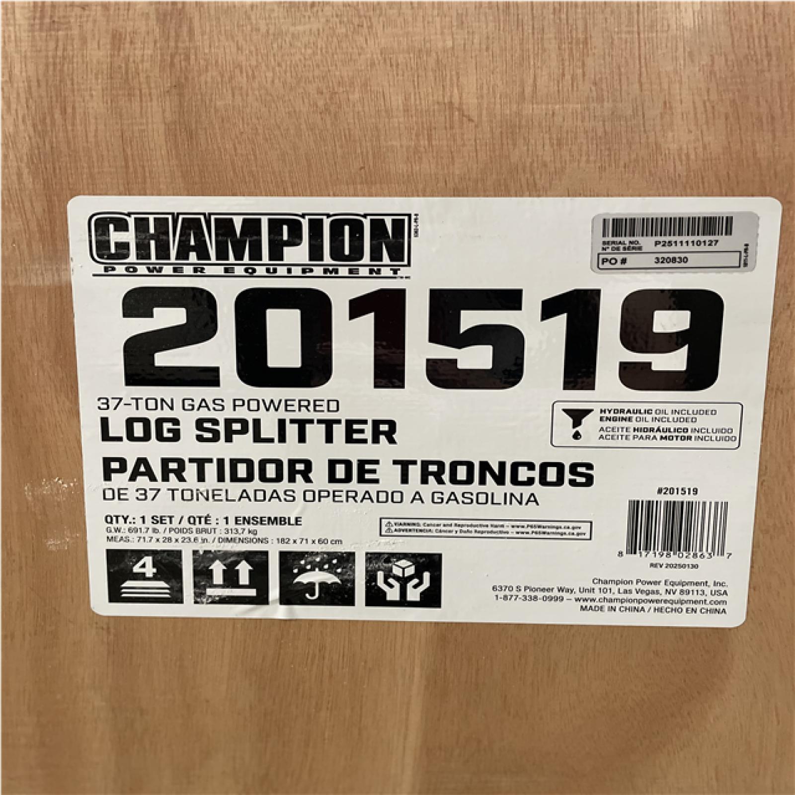 DALLAS LOCATION- CHAMPION 37 Ton 338cc Full Beam Vertical/Horizontal Op and Auto Return Gas Wood Log Splitter with Oil Funnel and Hydraulic Oil