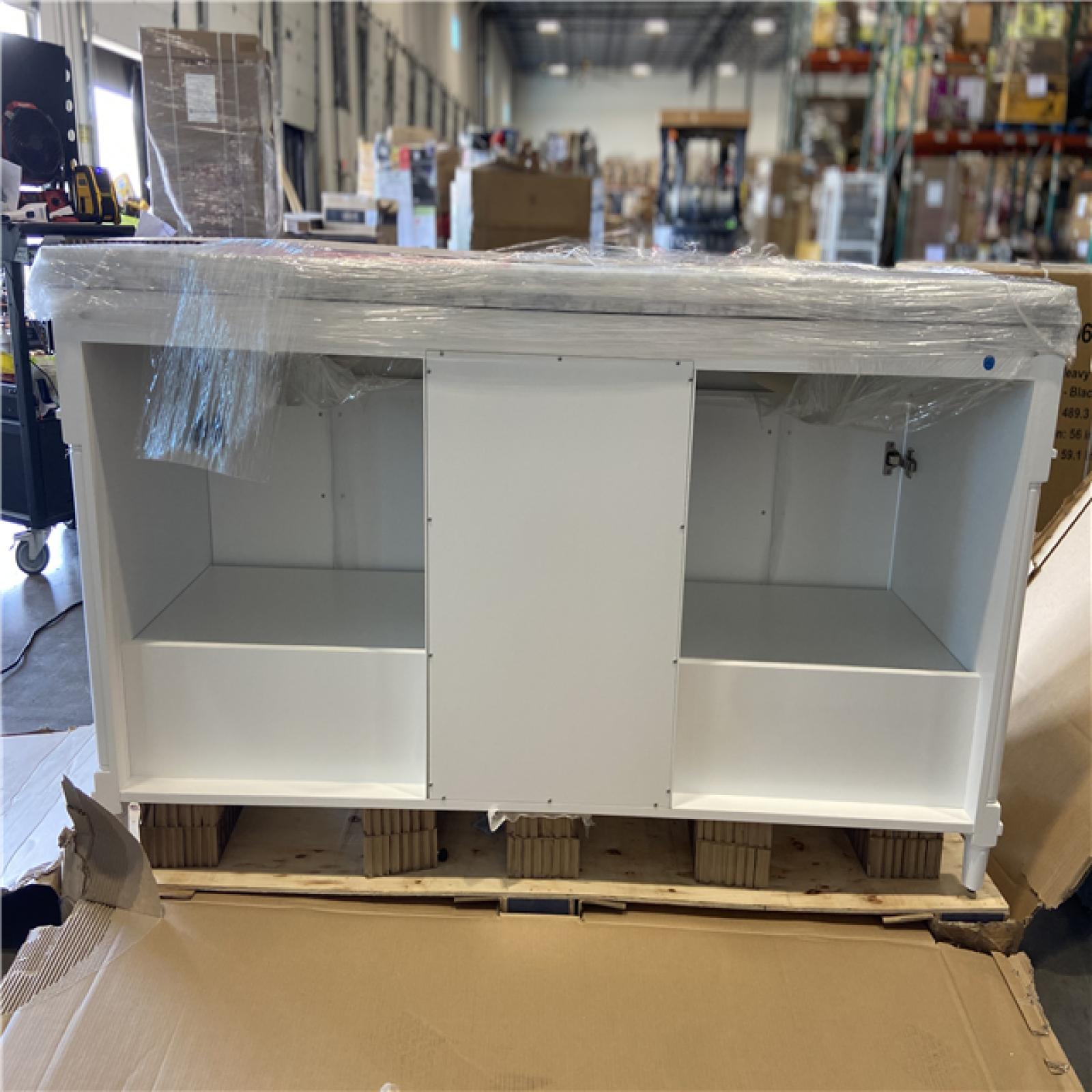 DALLAS LOCATION - Home Decorators Collection Aberdeen 72 in. Double Sink Freestanding White Bath Vanity with Carrara Marble Top (Assembled)