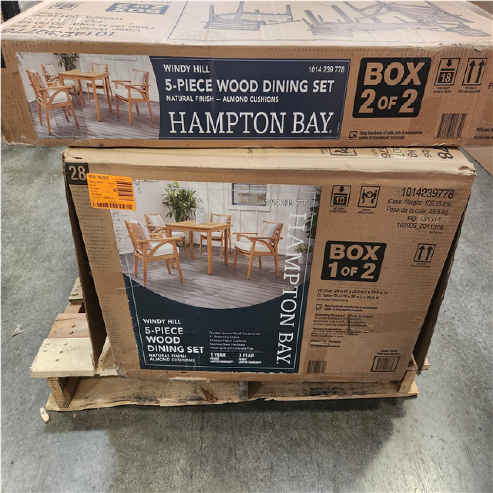Phoenix NEW Hampton Bay Windy Hill 5-Piece Acacia Wood Outdoor Dining Set with CushionGuard Almond Biscotti Cushions
