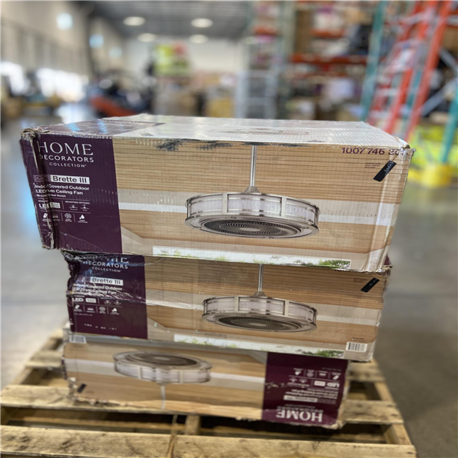 DALLAS LOCATION - Home Decorators Collection Brette III 23 in. Integrated LED Indoor/Outdoor Brushed Nickel Ceiling Fan with Light and Remote Control - (3 UNITS)