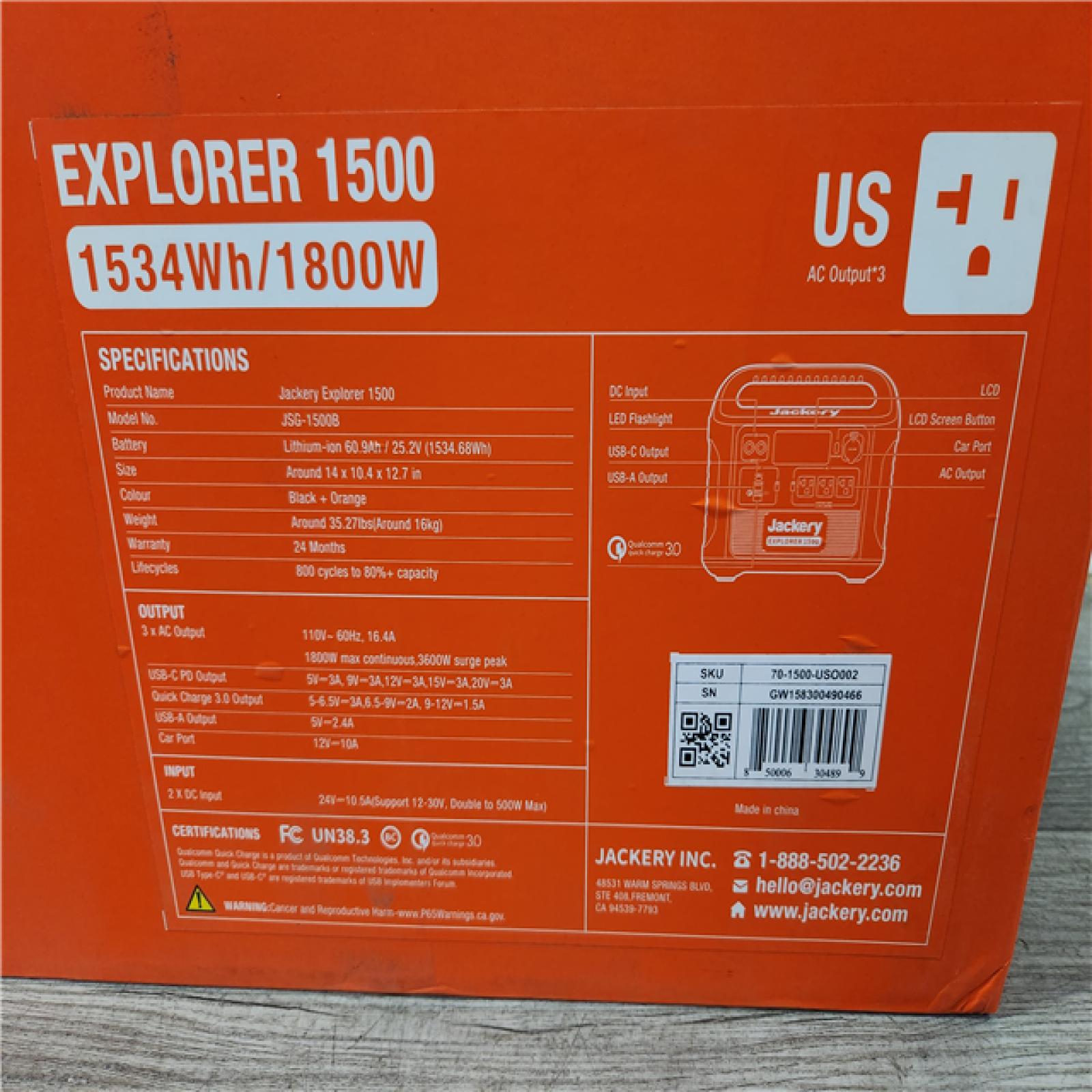 Phoenix Location NEW Jackery 1800-Watt Output/3600W Peak Portable Solar Power Station Explorer 1500 Push Start Battery Generator for Outdoors/Camping (SEALED)