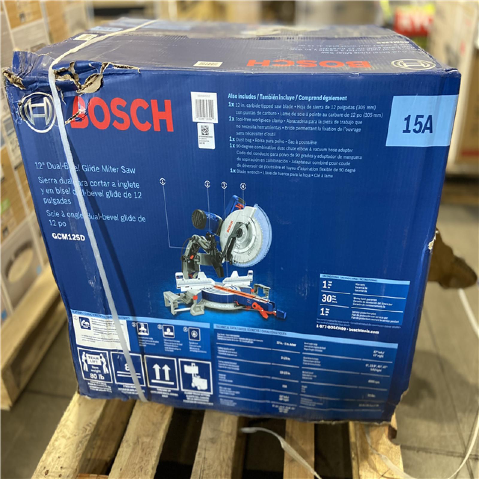 AS-IS - Bosch 15 Amp 12 in. Corded Dual-Bevel Sliding Glide Miter Saw with 60 Tooth Saw Blade