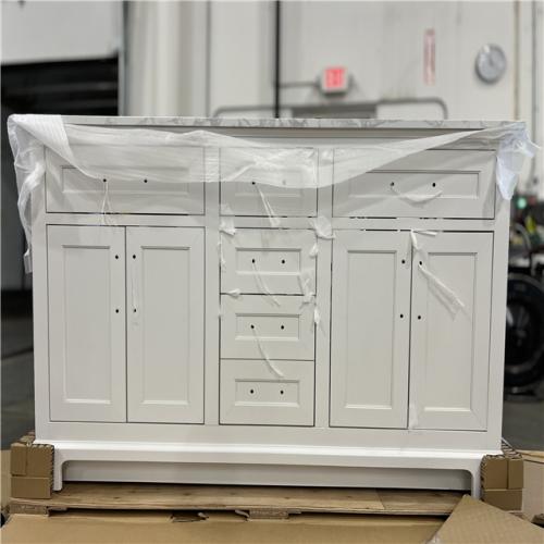 DALLAS LOCATION - Home Decorators Collection Doveton 60 in. Double Sink Freestanding White Bath Vanity with White Engineered Marble Top (Fully Assembled)