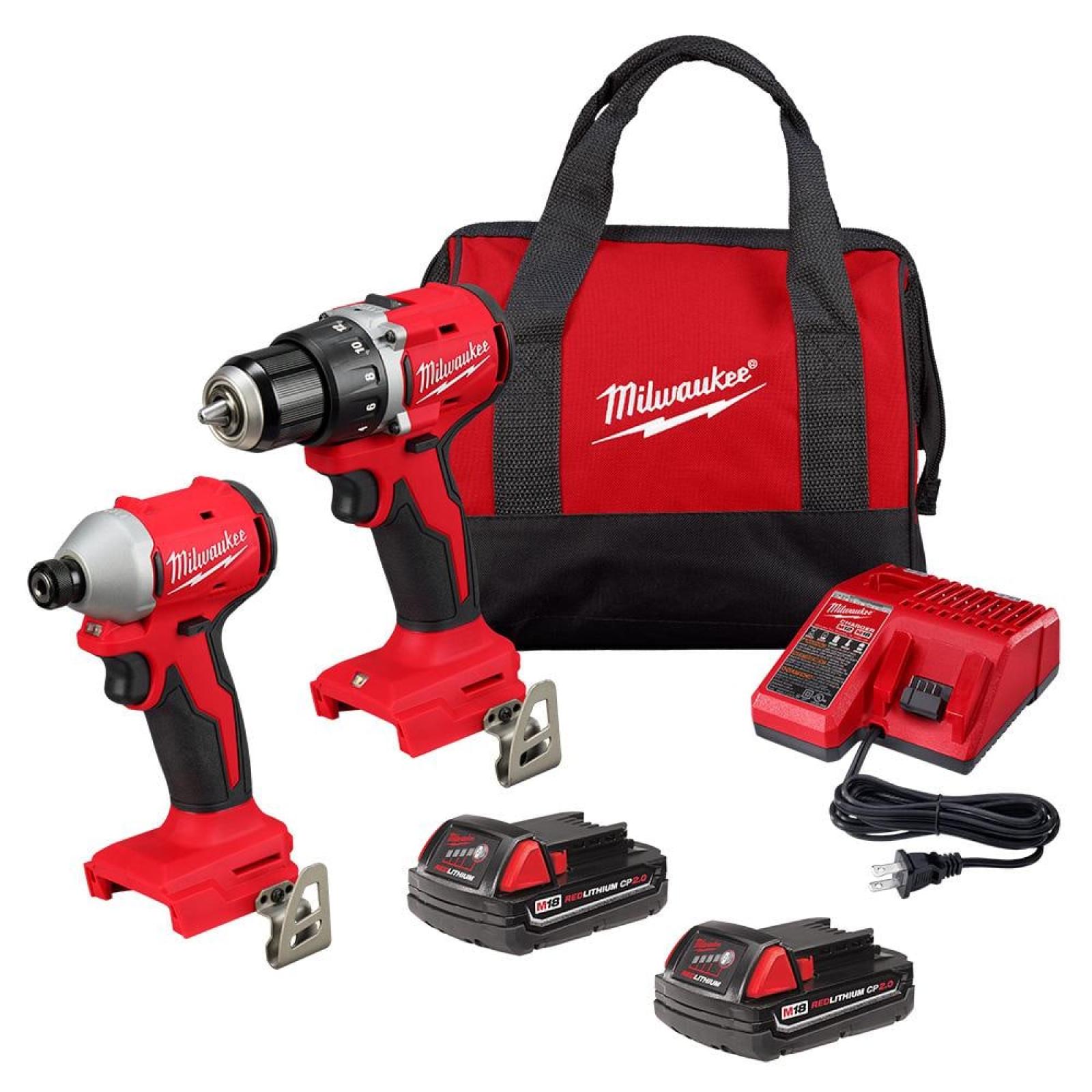 NEW Milwaukee M18 18V Lithium-Ion Brushless Cordless Compact Drill/Impact Combo Kit (2-Tool) W/(2) 2.0 Ah Batteries, Charger & Bag