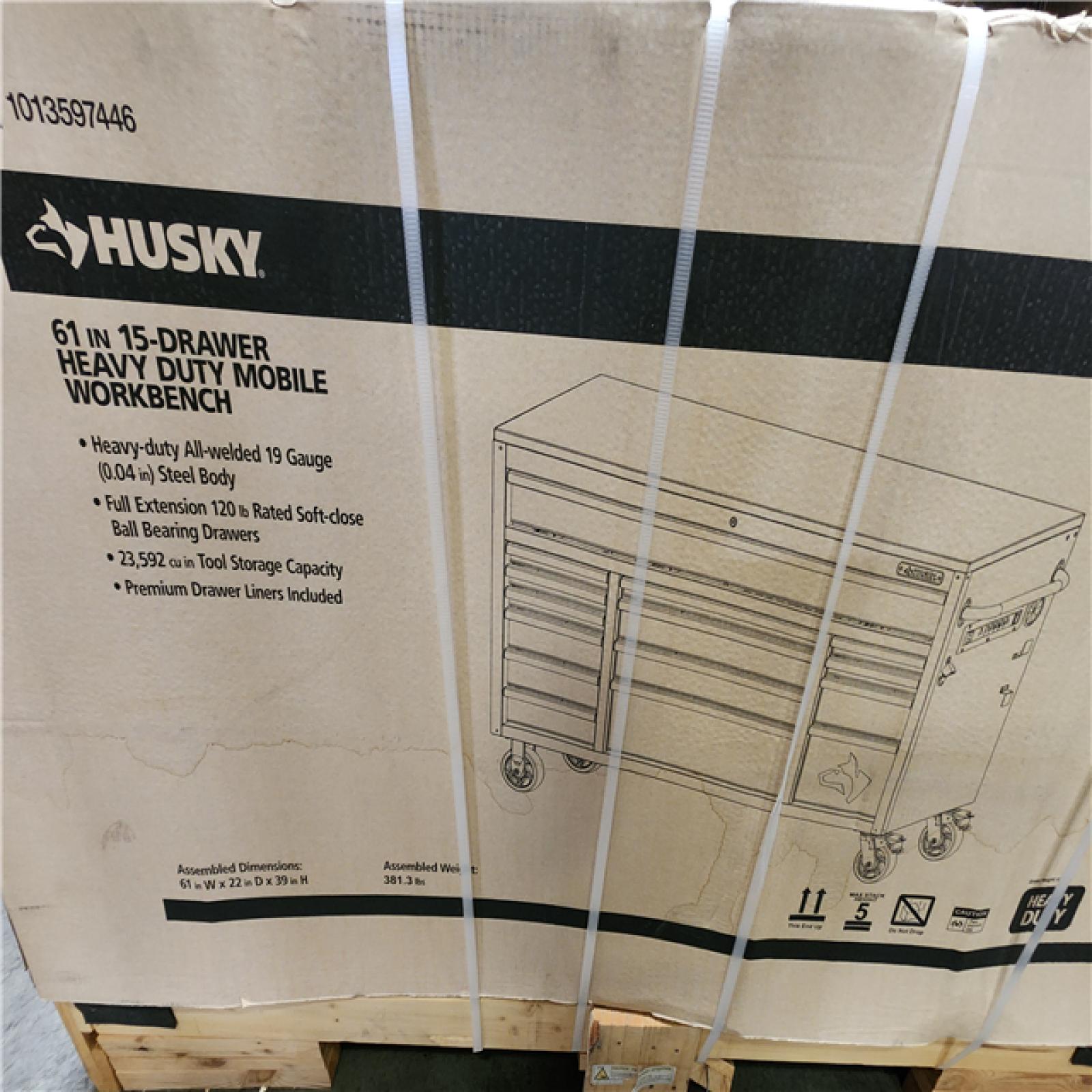 Phoenix LIKE NEW Husky Heavy Duty 61 in. W x 22 in. D 15-Drawer Matte Black Mobile Workbench Cabinet with Solid Wood Top