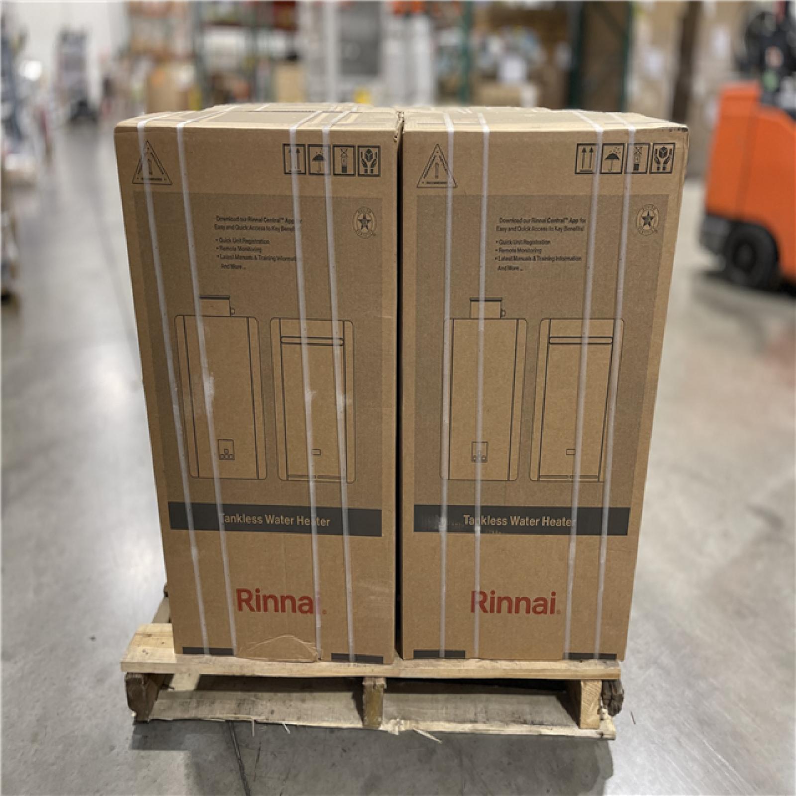 DALLAS LOCATION- NEW!- Rinnai 8.5 GPM 180 000 BTU Interior Propane Gas Tankless Water Heater PALLET (6 UNITS)