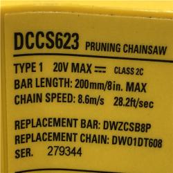 AS-IS DEWALT 20V MAX 8 in. Brushless Cordless Battery Powered Pruning Chainsaw (Tool Only)