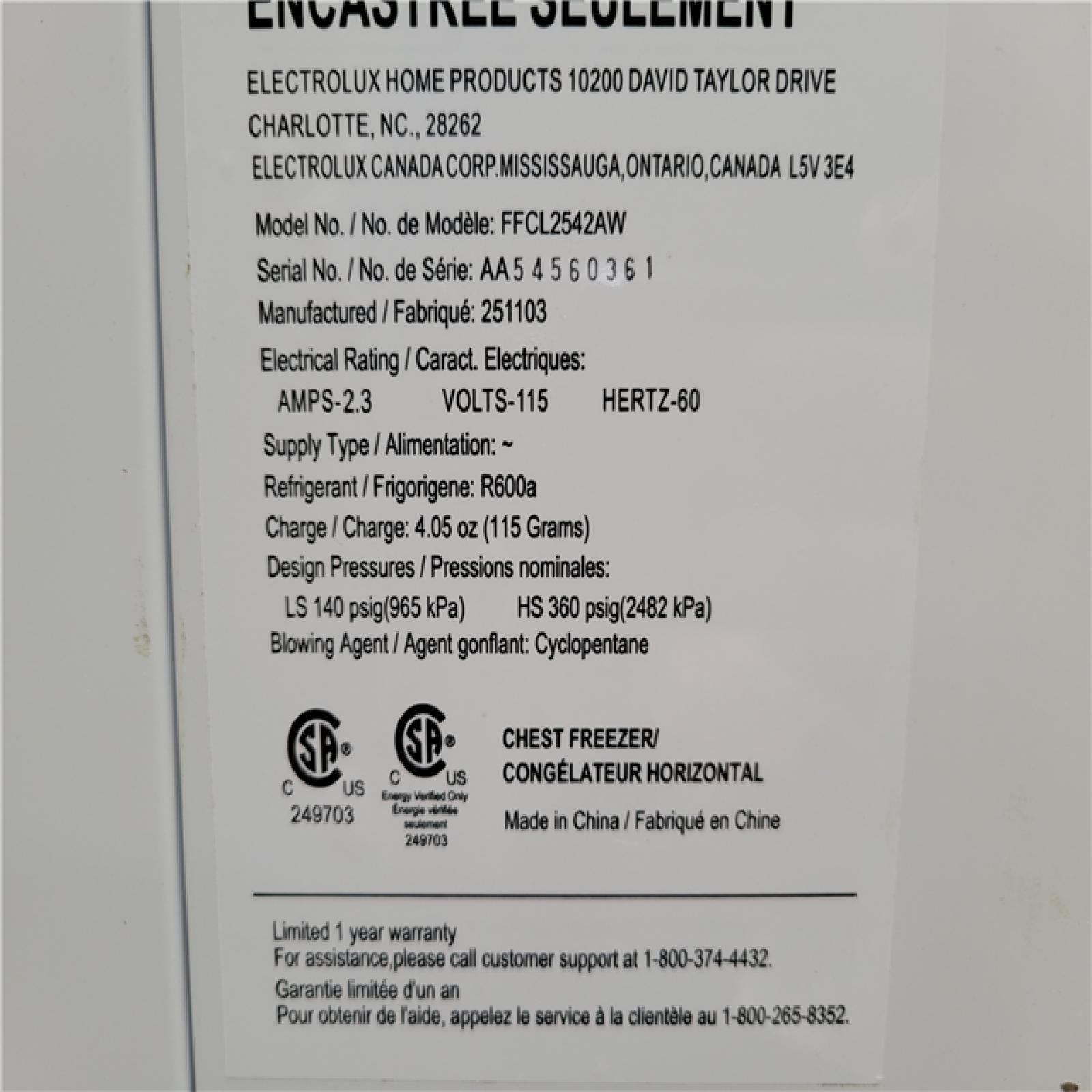 California AS-IS Frigidaire 25 cu. ft. Freezer  Model # FFCL2542AW