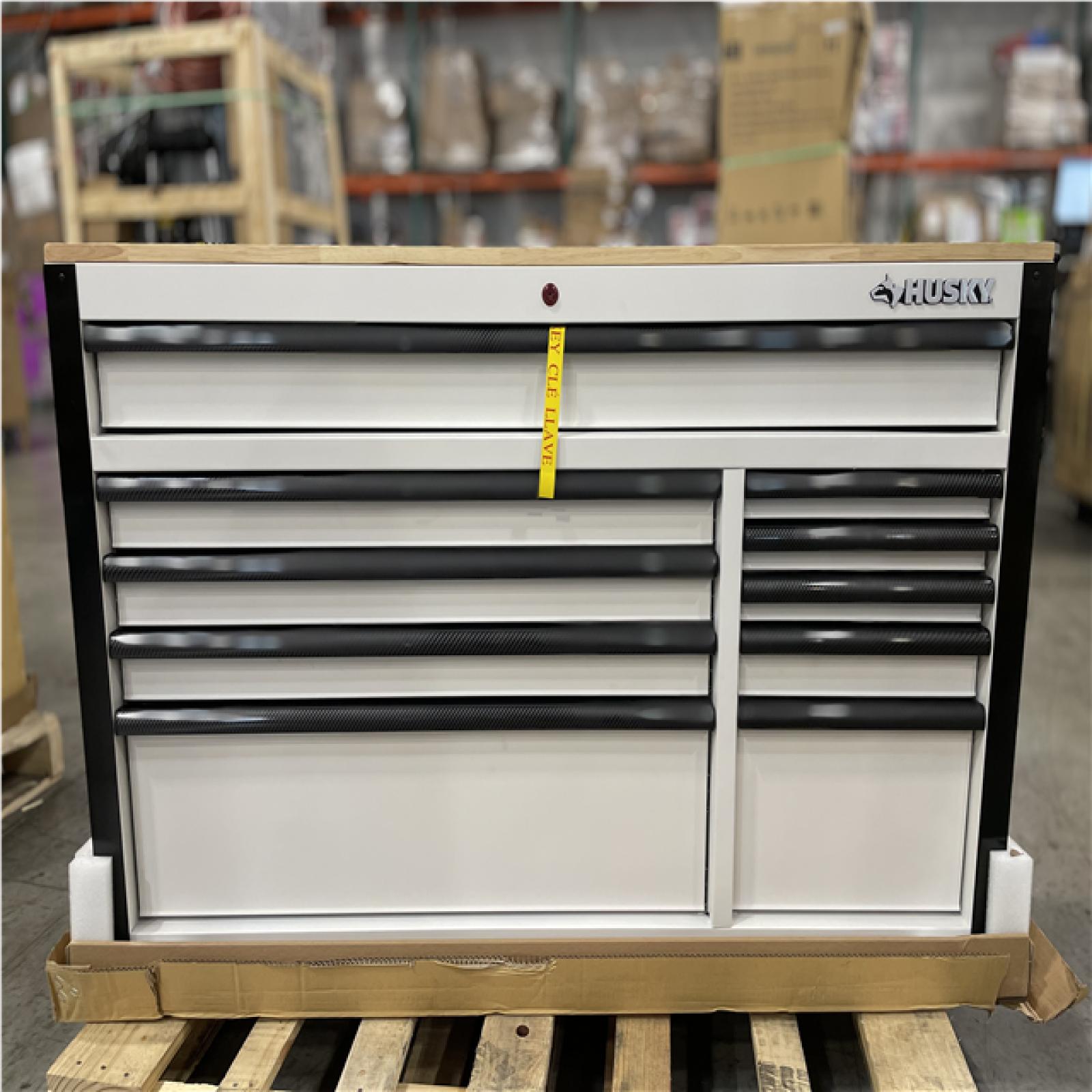 DALLAS LOCATION- AS-IS HUSKY Standard-Duty 52 in. W 10-Drawer Matte White/Carbon Fiber Trim/WoodTop Mobile Workbench Cabinet
