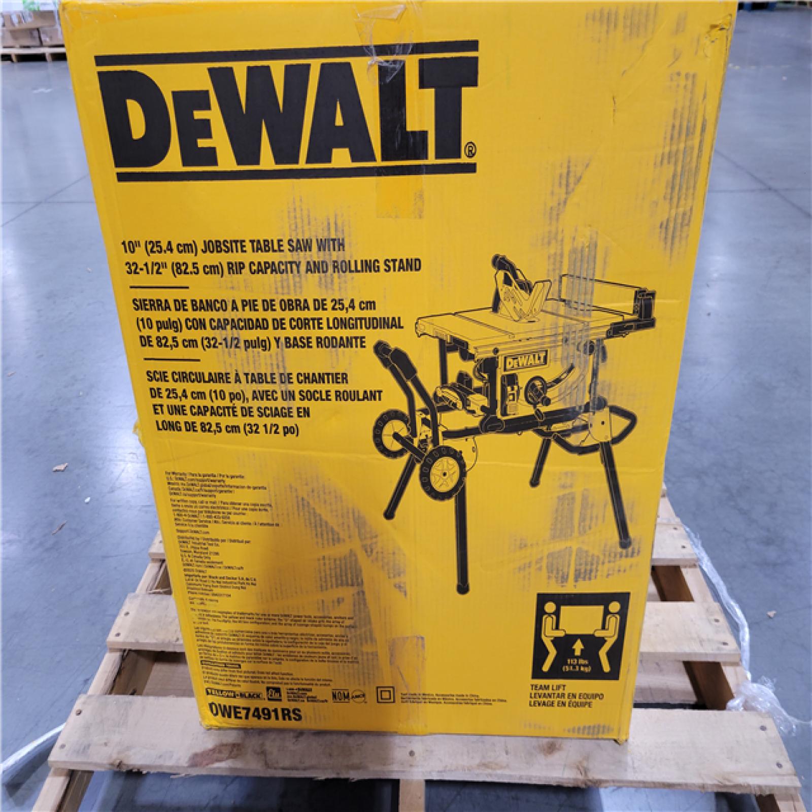 CALIFORNIA AS-IS DEWALT 10 (25.4mm) JOBSITE TABLE SAW WITH 32-1/2 (82.5cm) RIP CAPACITY AND ROLLING STAND