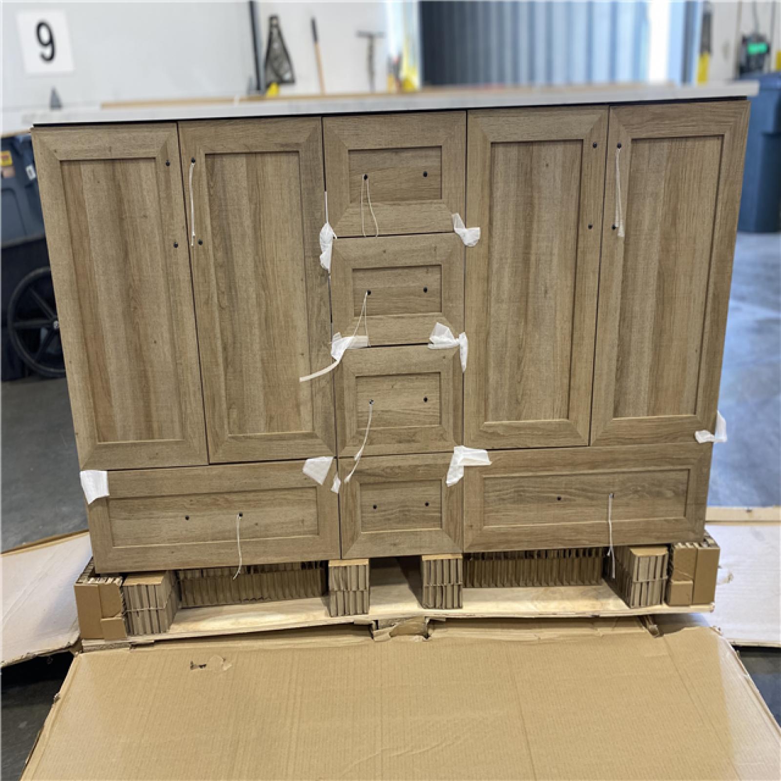DALLAS LOCATION - Glacier Bay Tobana 60 in. Double Sink Weathered Tan Bath Vanity with White Engineered Marble Top (Assembled)