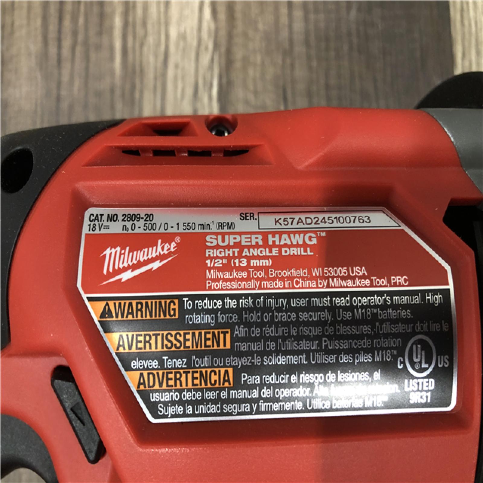 AS-IS Milwaukee  FUEL 18V Lithium-Ion Brushless Cordless GEN 2 SUPER HAWG 1/2 in. Right Angle Drill (Tool-Only)