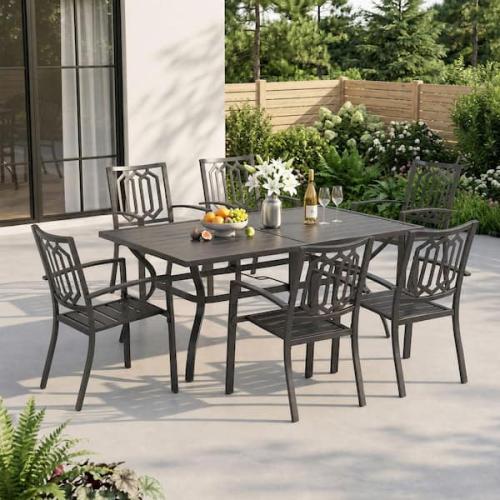 Phoenix NEW PHI VILLA Black 7-Piece Metal Rectangle Patio Outdoor Dining Set with Slat Table and Fashion Stackable Chairs