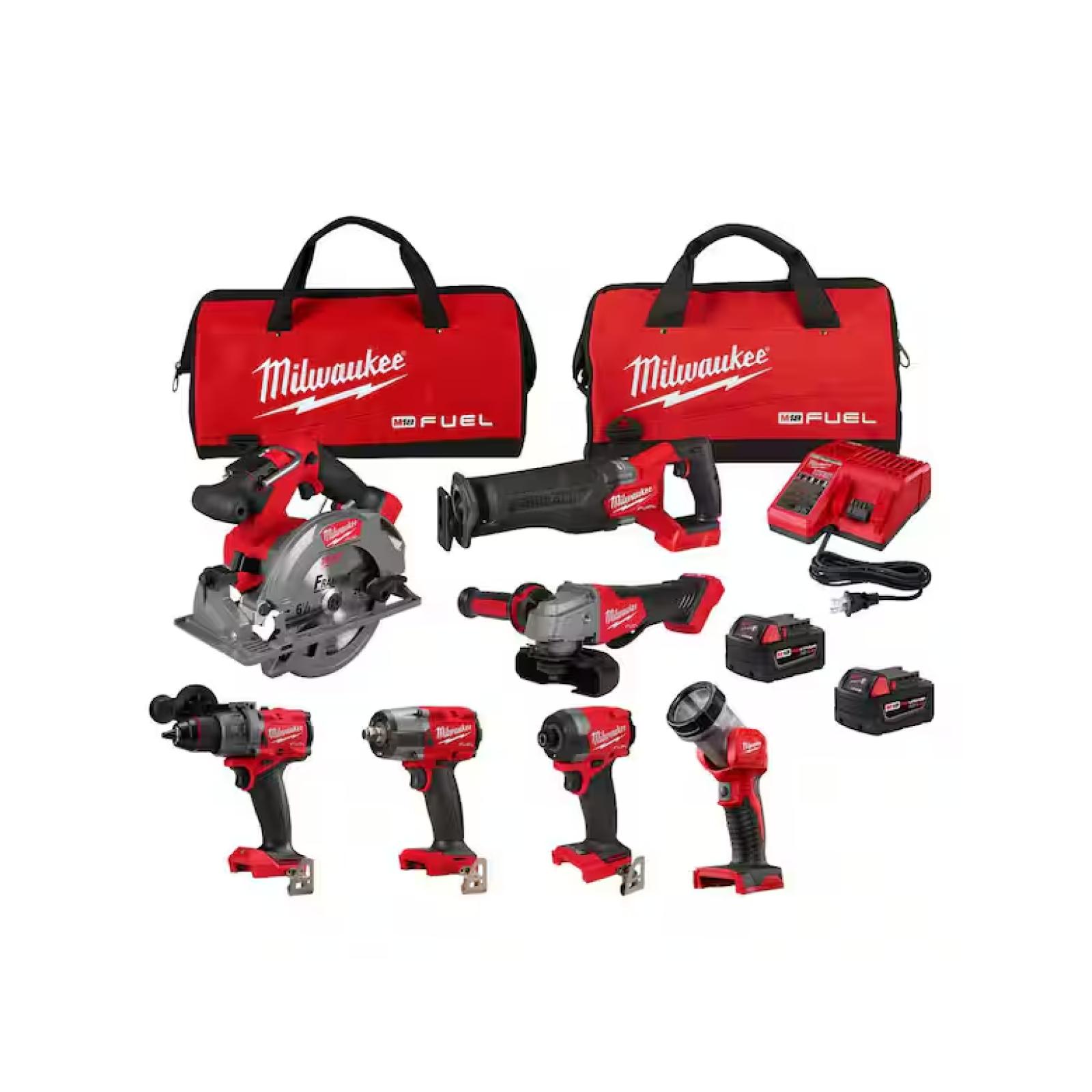 NEW! - Milwaukee M18 FUEL 18V Lithium-Ion Brushless Cordless Combo Kit with Two 5.0 Ah Batteries  1 Charger  2 Tool Bags (7-Tool)