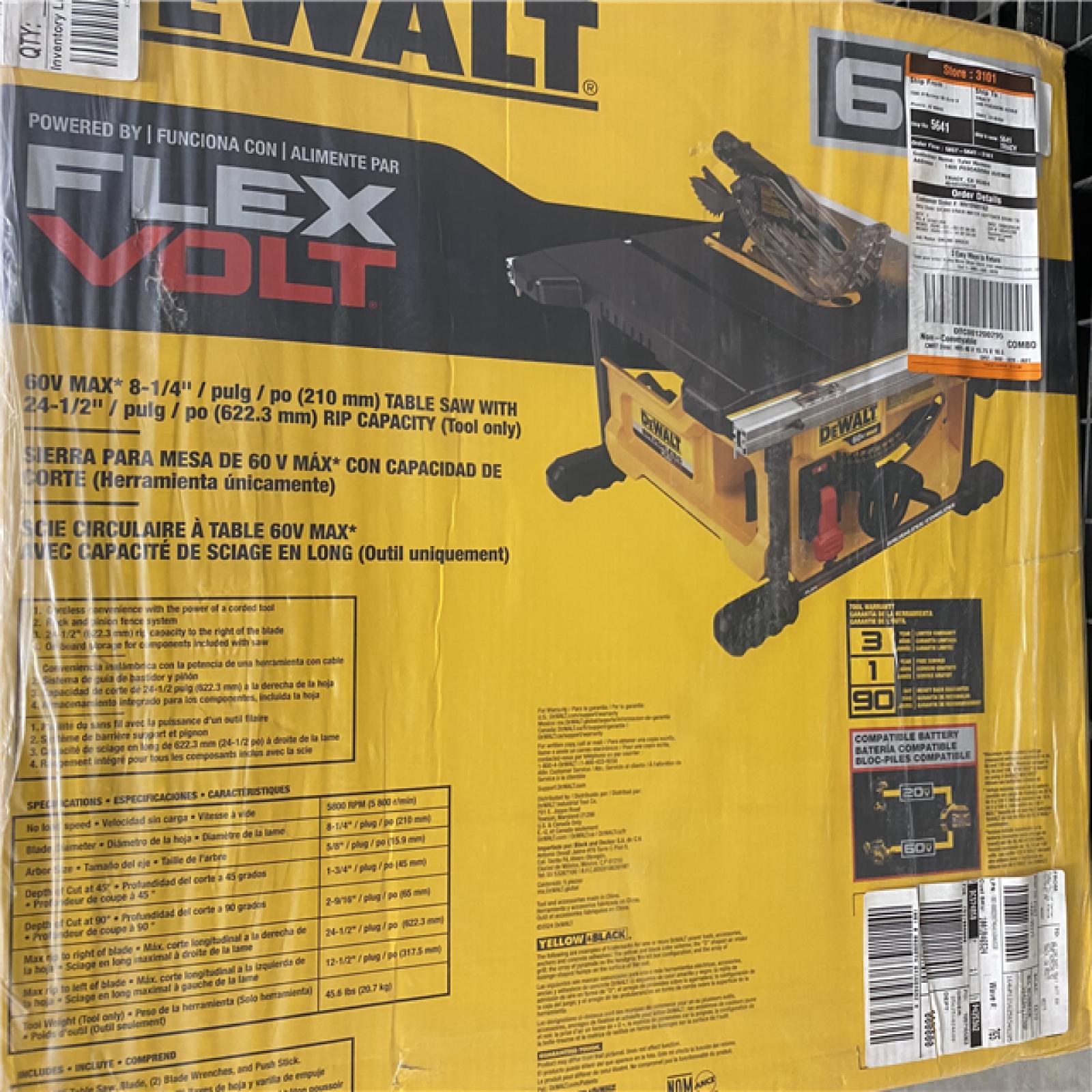 NEW- Dewalt -  DeWALT DCS7485B FLEXVOLT 60-Volt 8-1/4-Inch Adjustable Table Saw - Bare Tool