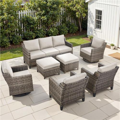 Phoenix NEW Gymojoy Hort Gray 7-Piece Outdoor Lawn Furniture Set Patio Conversation Set with Beige Cushions and Swivel Glider Rocking Chairs