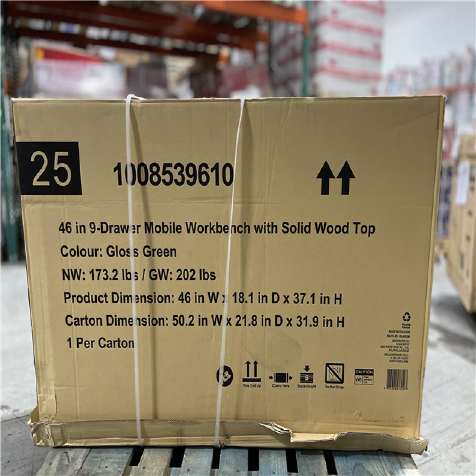 DALLAS LOCATION - AS-IS Husky 46 in. W x 18 in. D 9-Drawer Gloss Green Mobile Workbench Cabinet with Solid Wood Top