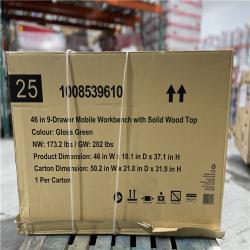 DALLAS LOCATION - AS-IS Husky 46 in. W x 18 in. D 9-Drawer Gloss Green Mobile Workbench Cabinet with Solid Wood Top