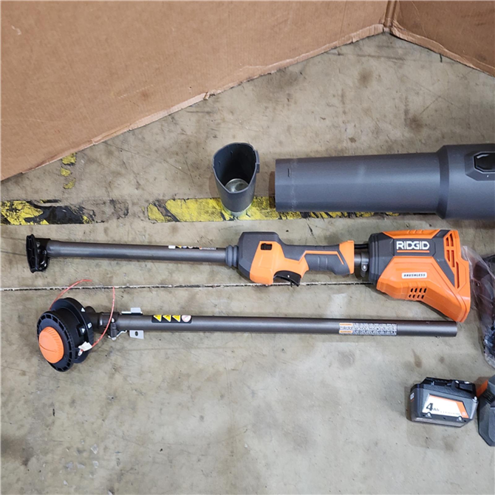 HOUSTON LOCATION - AS-IS (APPEARS LIKE NEW) RIDGID 18V Brushless 14 in. Cordless Battery String Trimmer and Leaf Blower 2-Tool Combo Kit with 4.0 Ah Battery and Charger
