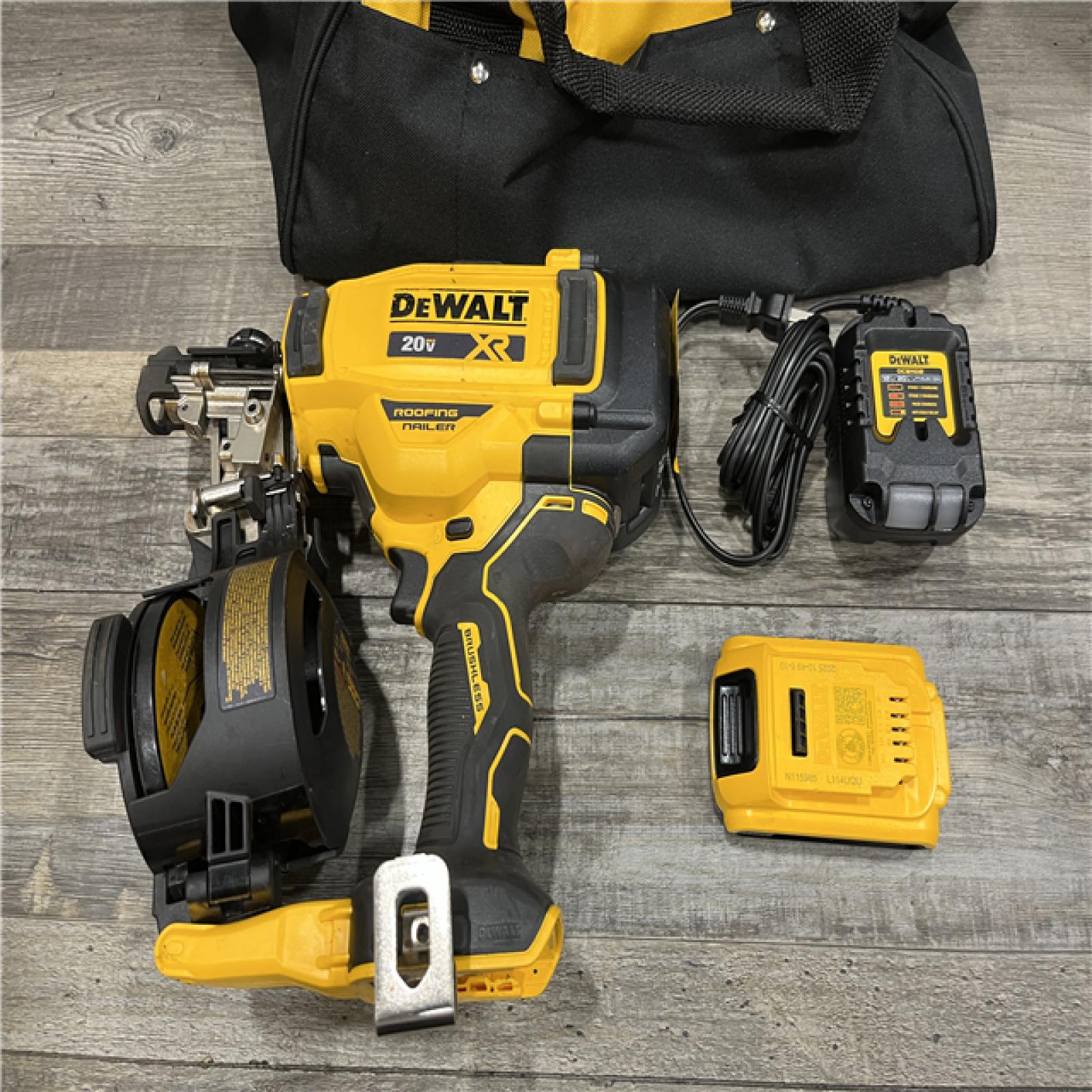 AS-IS DEWALT 20V MAX Lithium-Ion 15-Degree Electric Cordless Roofing Nailer Kit