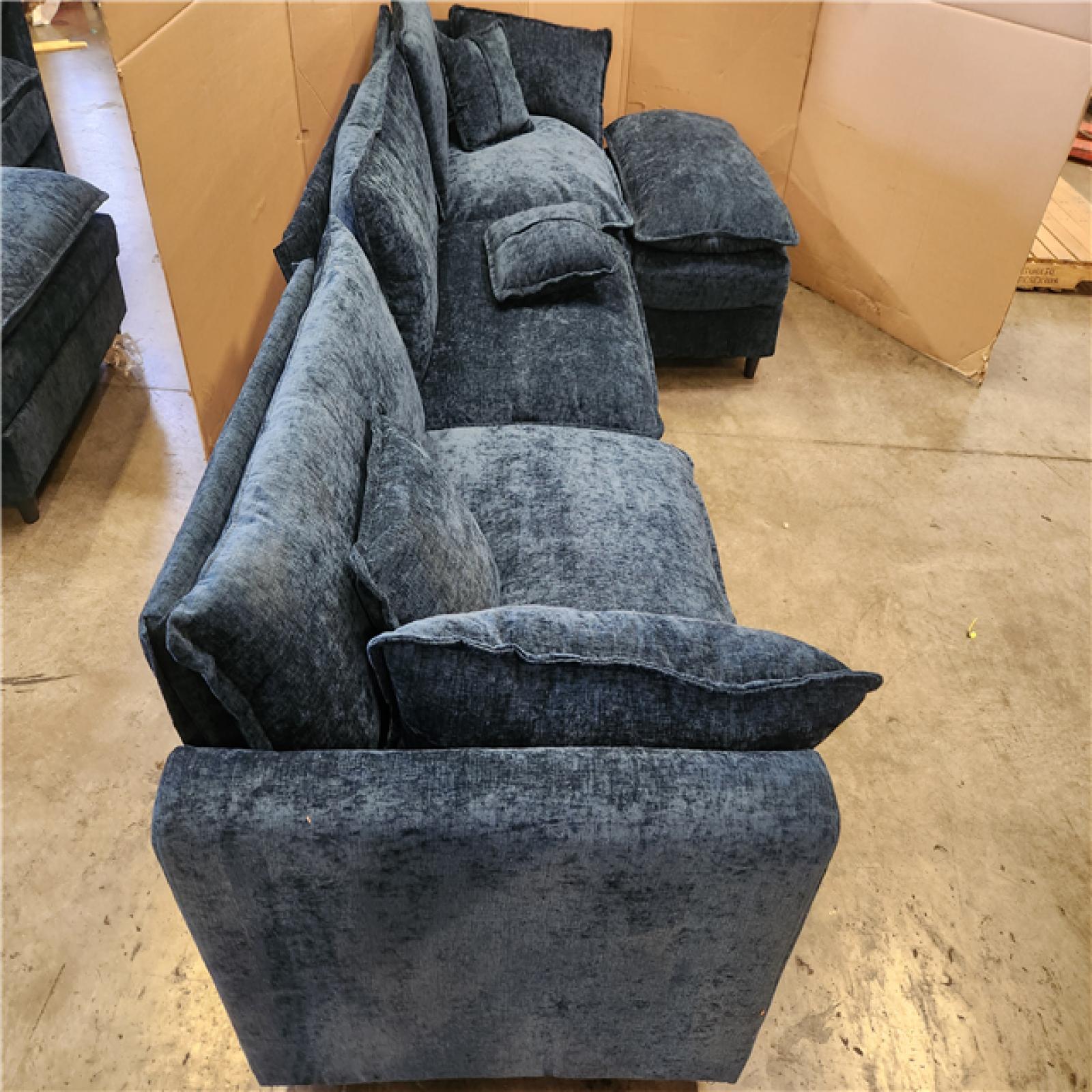 Phoenix AS-IS GOJANE 112.2 in. Square Arm L-Shaped Chenille Deluxe Pillow-Styled Modular Sectional Sofa in. Blue with 1 Ottoman