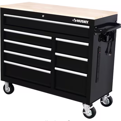 DALLAS LOCATION- HUSKY 42 in. W x 18 in. D 8-Drawer Black Mobile Workbench w/ WoodTop