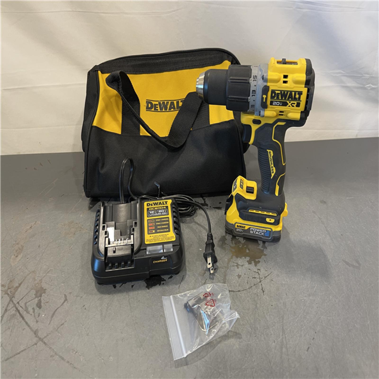 AS-IS - DEWALT 20V Compact Cordless 1/2 in. Hammer Drill and 20V MAX POWERSTACK Compact Battery Starter Kit