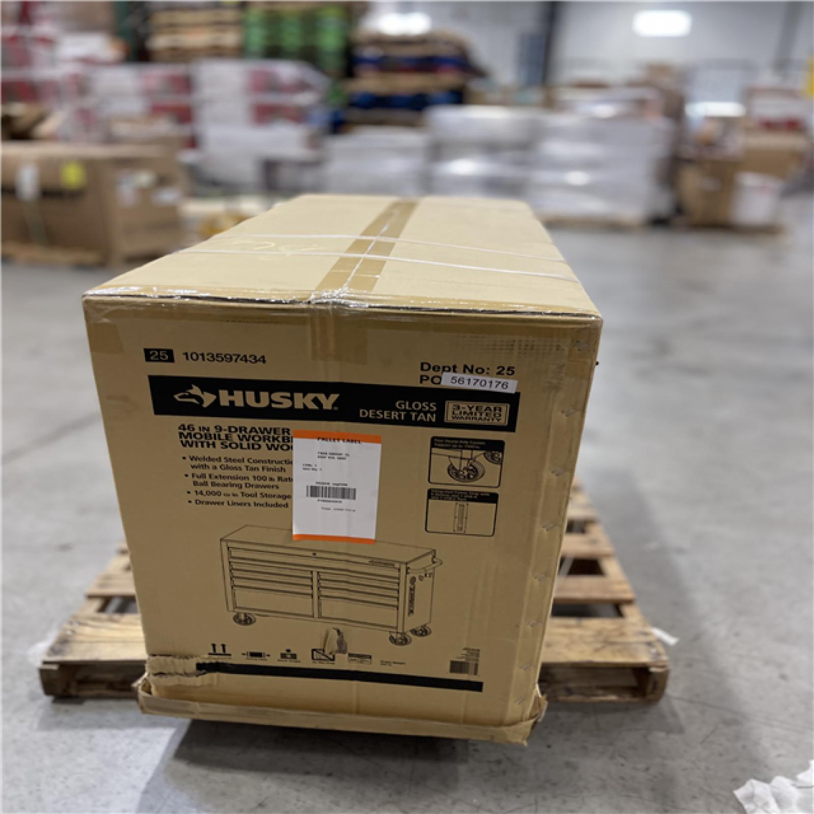 DALLAS LOCATION- NEW!- Husky Standard Duty 46 in. W x 18 in. D 9-Drawer Gloss Tan Mobile Workbench Cabinet with Solid Wood Top