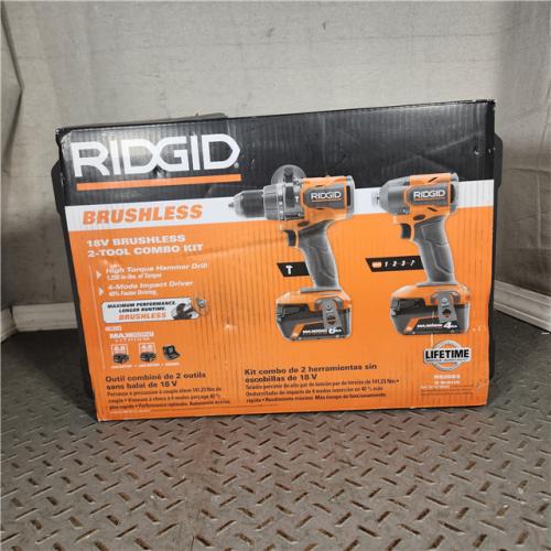 Houston Location AS IS - RIDGID 18V Brushless 2-Tool Combo Kit with 4.0 Ah and 4.0 Ah MAX Output Batteries, Charger, and Hard Case