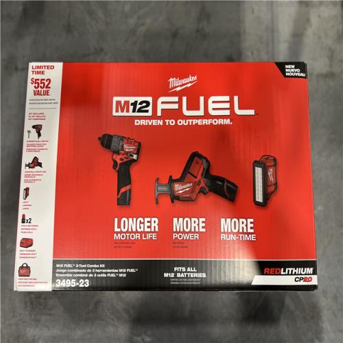 NEW!- Milwaukee M12 FUEL 12-Volt Li-Ion Brushless Cordless Hammer Drill Combo Kit  Reciprocating Saw  Flood Light W/2 Batteries (3-Tool)