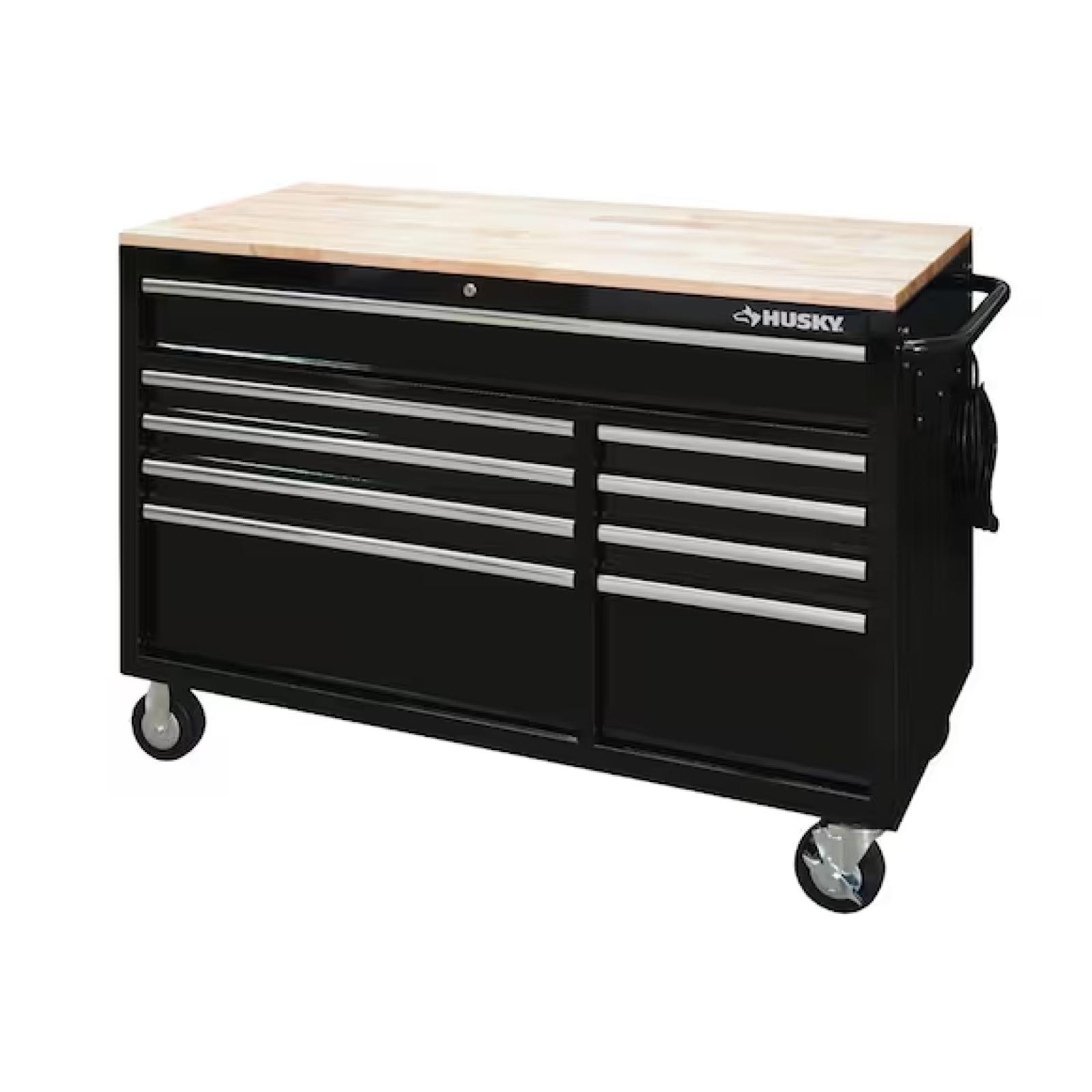 DALLAS LOCATION- Husky 52 in. W x 25 in. D Standard Duty 9-Drawer Mobile Workbench Tool Chest with Solid Wood Top in Gloss Black