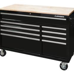 DALLAS LOCATION- Husky 52 in. W x 25 in. D Standard Duty 9-Drawer Mobile Workbench Tool Chest with Solid Wood Top in Gloss Black