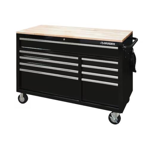 DALLAS LOCATION- Husky 52 in. W x 25 in. D Standard Duty 9-Drawer Mobile Workbench Tool Chest with Solid Wood Top in Gloss Black