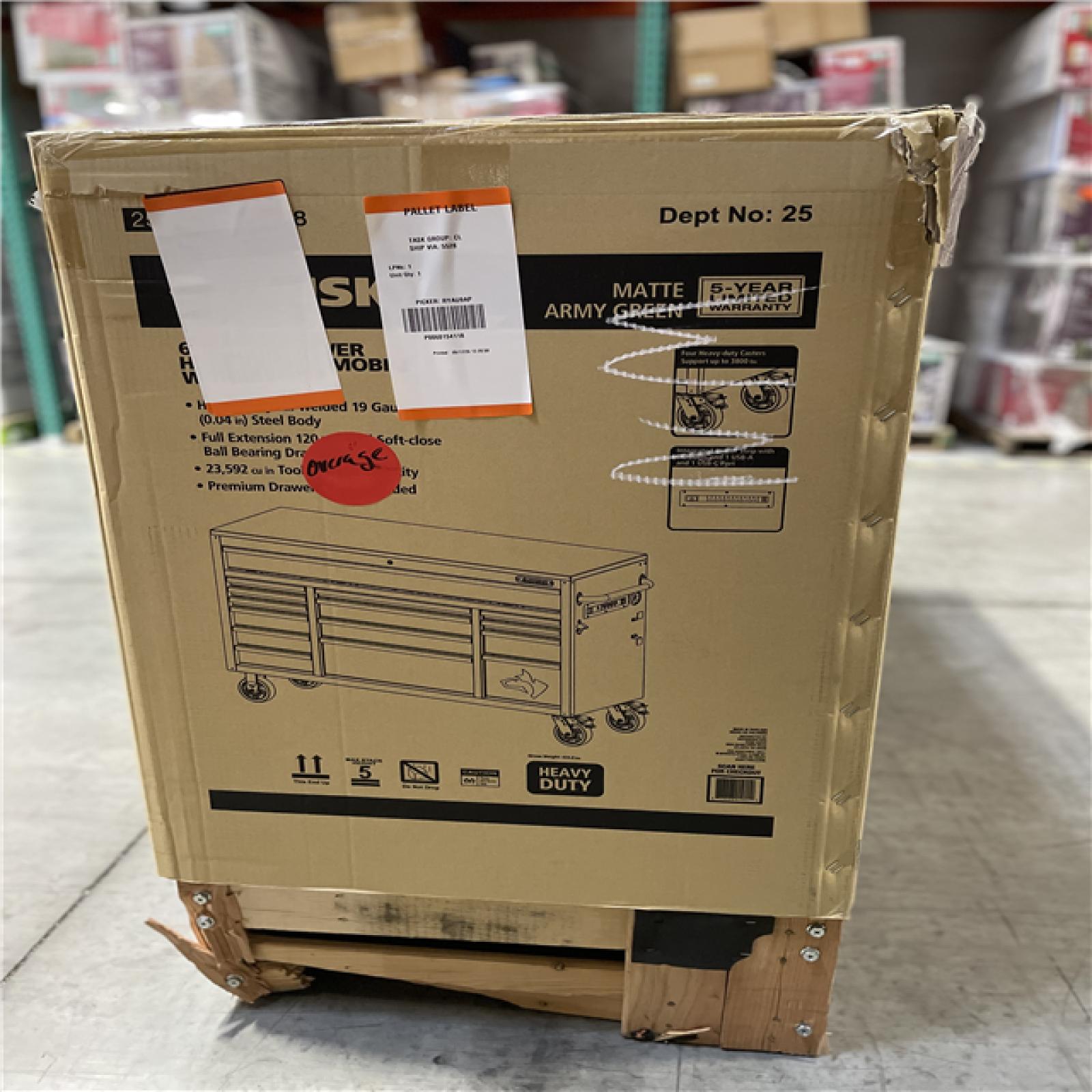 DALLAS LOCATION - AS-IS HUSKY Heavy Duty 61 in. W x 23 in. D 15-Drawer Matte Army Green Mobile Workbench Cabinet with Solid Wood Top