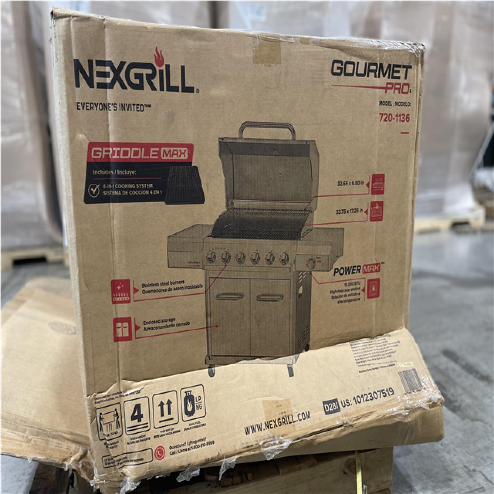 DALLAS LOCATION - AS-IS NEXGRILL 6-Burner Stainless Steel Grill with Searing Side Burner & Griddle Max Insert