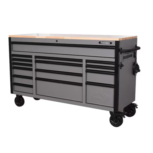 DALLAS LOCATION- AS-IS HUSKY 61 in. W x 22 in. D 15-Drawer Matte Gray Mobile Workbench Cabinet