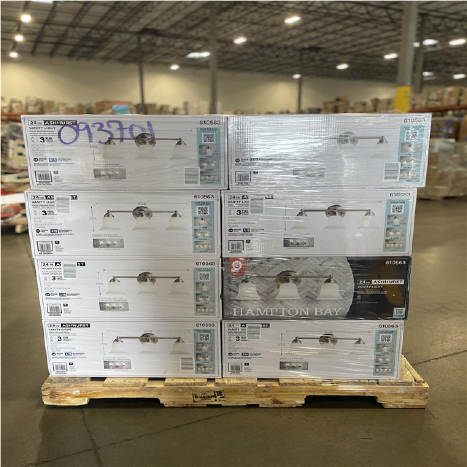 DALLAS LOCATION- AS-IS HAMPTON BAY Ashhurst 3-Light Brushed Nickel Bathroom Vanity Light w/ Frosted Glass Shades (40 UNITS)