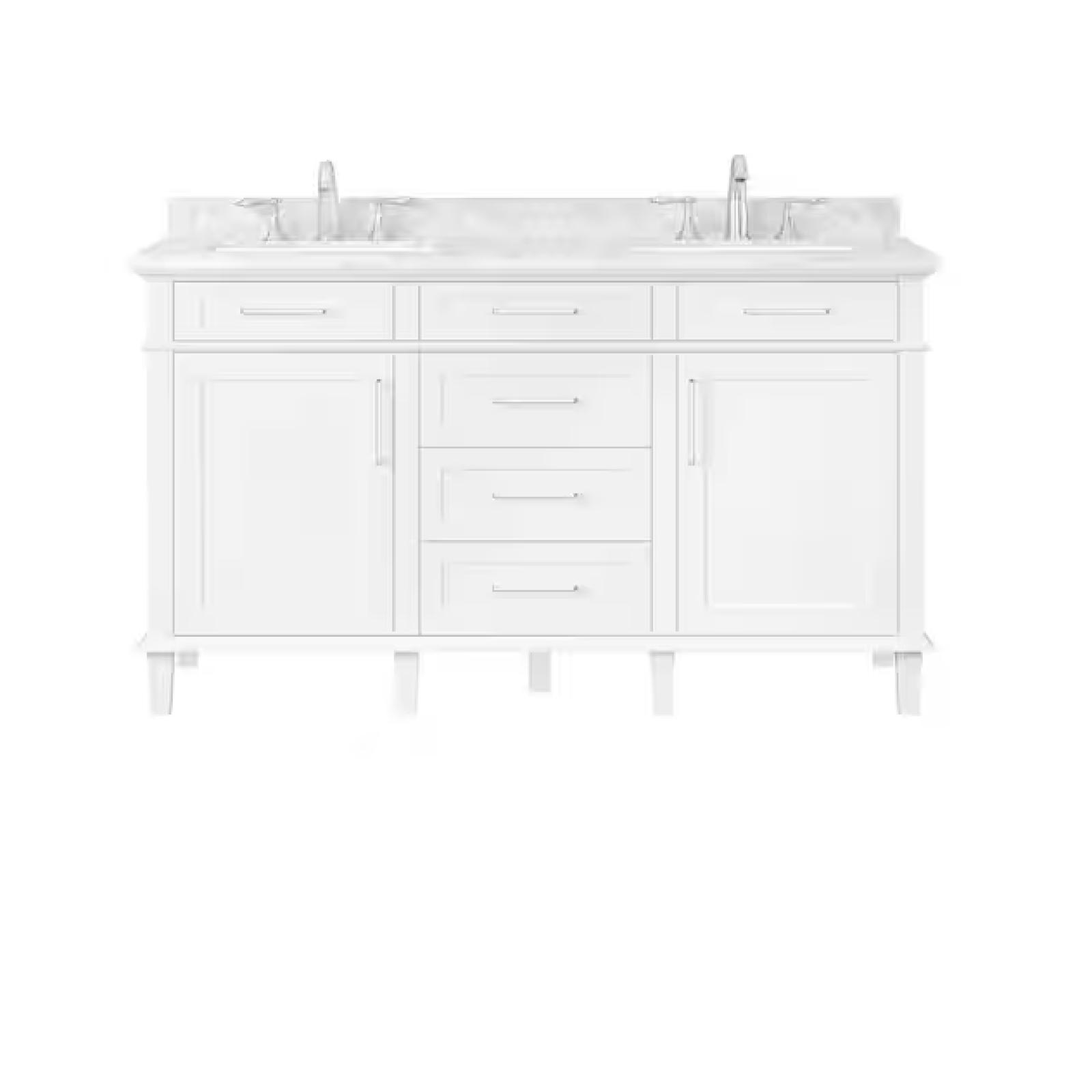 DALLAS LOCATION - Home Decorators Collection Sonoma 60 in. Double Sink White Bath Vanity with Carrara Marble Top (Assembled)