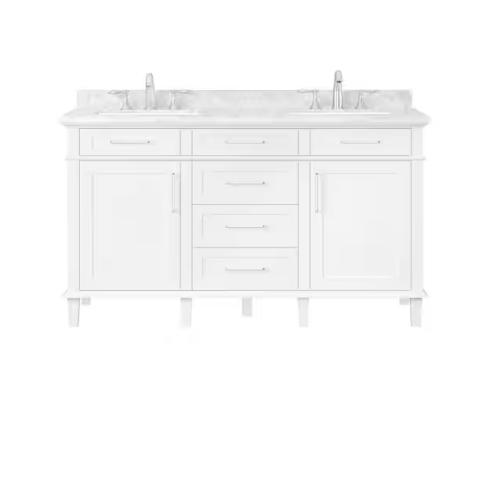 DALLAS LOCATION - Home Decorators Collection Sonoma 60 in. Double Sink White Bath Vanity with Carrara Marble Top (Assembled)