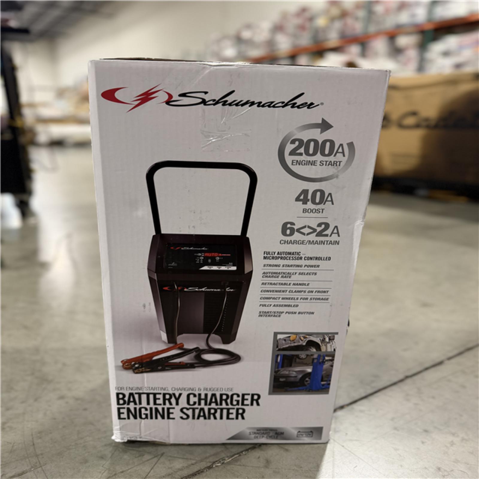 DALLAS LOCATION - Schumacher Electric Automotive 6-Volt and 12-Volt 200 Amp Fully Automatic Wheeled Jump Starter and Battery Charger with 40 Amp Boost