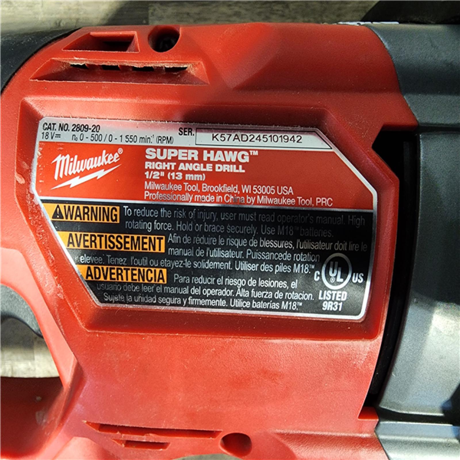 HOUSTON LOCATION - AS-IS Milwaukee M18 18V Fuel 1/2 Right Angle Drill Super Hawg Cordless Lithium-Ion 2809-20 (TOOL ONLY)