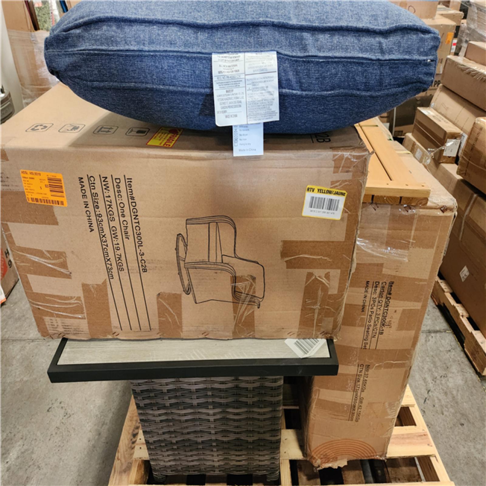 Phoenix OVIOS Joyoung Gray 9-Piece Wicker Patio Rectangle Fire Pit Conversation Set with Denim Blue Cushions and Swivel Chairs