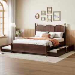 Phoenix LIKE NEW Polibi Walnut Brown Wood Frame Queen Upholstered Platform Bed with 2 Big Drawers  Twin XL Size Trundle