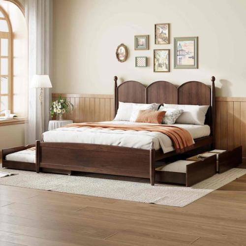 Phoenix LIKE NEW Polibi Walnut Brown Wood Frame Queen Upholstered Platform Bed with 2 Big Drawers  Twin XL Size Trundle