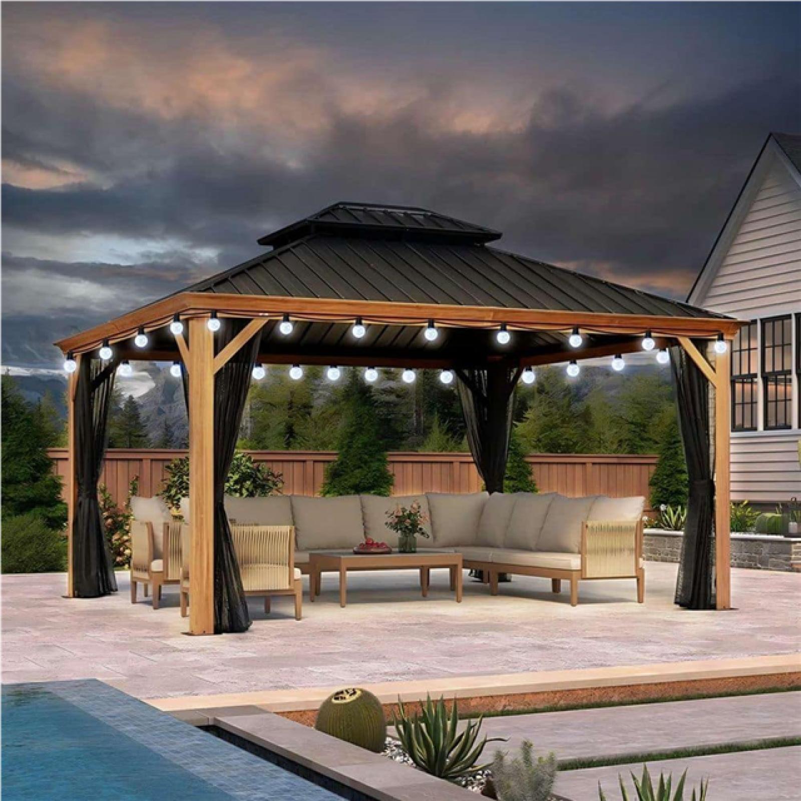 Phoenix NEW PURPLE LEAF 12ft.x 14 ft.Wood Grain Luxury Aluminum Frame Patio Outdoor Hardtop Gazebo for Backyard,Hooks,Upgraded Netting 24-Lights